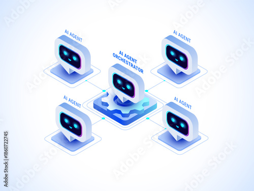 AI agent system connected to AI agent orchestrator - isometric technology infographic vector