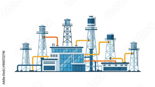 Industrial Factory Complex with Pipelines and Towers, Representing Energy Production and Manufacturing Processes