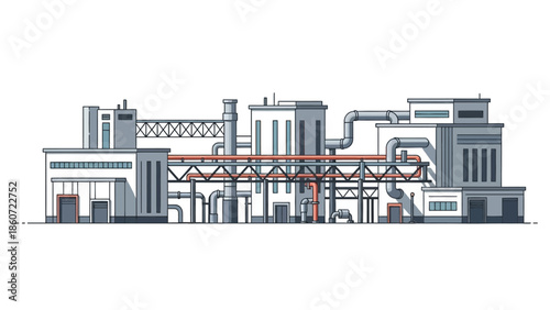 Modern industrial factory complex with pipes and structures, an illustration of a manufacturing plant