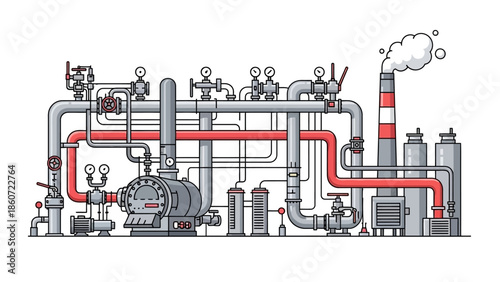 Industrial Power Plant with Steam, Pipes, and Machinery for Energy Generation and Distribution