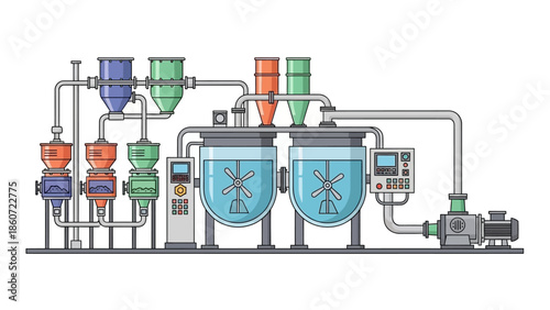 Industrial chemical processing plant with mixing tanks and conveyor system