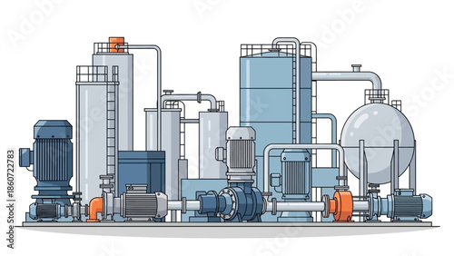 Industrial water treatment plant with pumps, pipes, and tanks for purification and recycling
