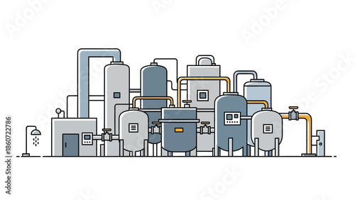 Industrial manufacturing plant with pipes and tanks, modern factory illustration