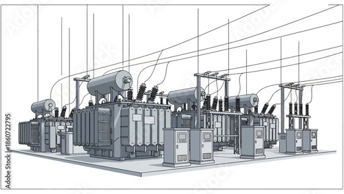 Industrial electrical power transformers and substations for energy distribution