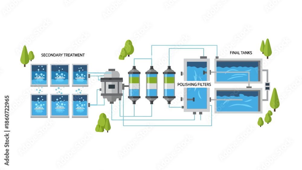 Obraz premium Illustration of a water treatment plant process with secondary treatment, polishing filters, and final tanks