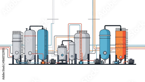 Industrial production plant with multiple tanks and pipelines, illustrating complex manufacturing processes and heavy industry