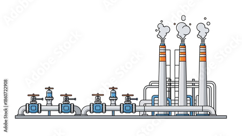 Industrial plant with multiple pipelines and smokestacks emitting smoke, illustrating power generation and manufacturing