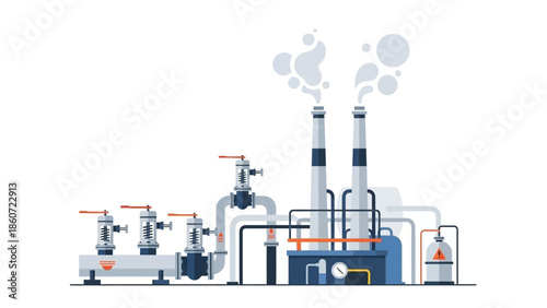 Industrial power plant with smoking chimneys and pipes symbolizing energy production and manufacturing processes