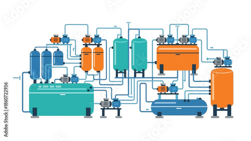 Industrial process plant with tanks, pipes, and pumps for chemical or fluid processing