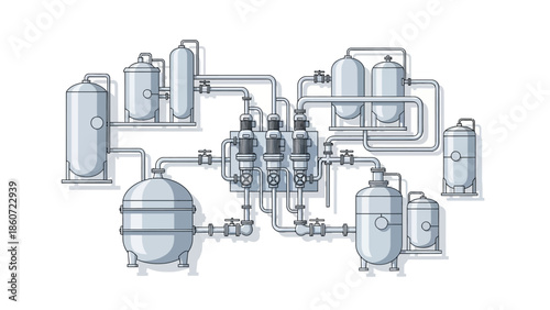 Industrial fluid processing system with tanks and pipes, factory equipment illustration