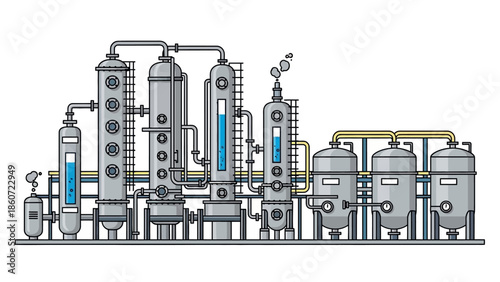 Industrial distillation and separation equipment with multiple columns and tanks for chemical processing
