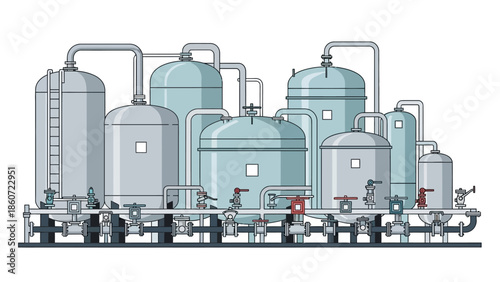 Industrial process equipment and pipelines in a large factory setting, depicting complex machinery and infrastructure for manufacturing and production