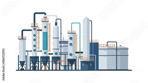 Industrial plant with distillation columns and storage tanks, a clean and modern illustration of a chemical or manufacturing facility