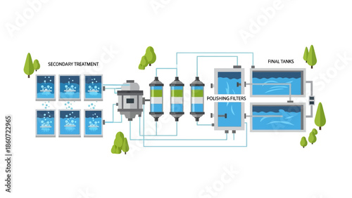 Illustration of a water treatment plant process with secondary treatment, polishing filters, and final tanks