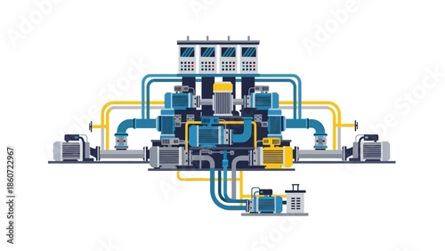 Industrial Pump System with Complex Piping Network and Control Panels