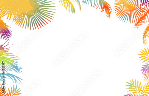 Abstraction of colored palm trees frame. Hand drawn. Not AI, vector illustration.