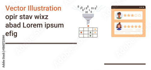 Data processing, user ratings, analytics, web services, customer feedback, business insights. Binary funnel filtering data and rating interface. Data processing and user ratings concept