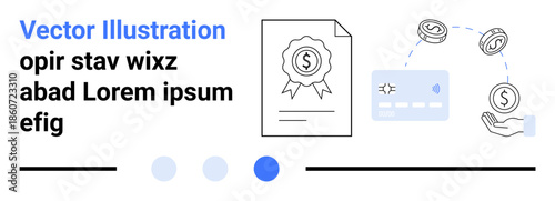 Certificate with badge, credit card, coins in motion, and hand receiving money. Ideal for financial services, fintech, payments, banking, money transfer security simple landing page