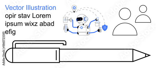 Educational resources, AI innovation, robotics, writing tools, communication, creative design. Robot with icons, a pen and human figures. Robotics and AI innovation
