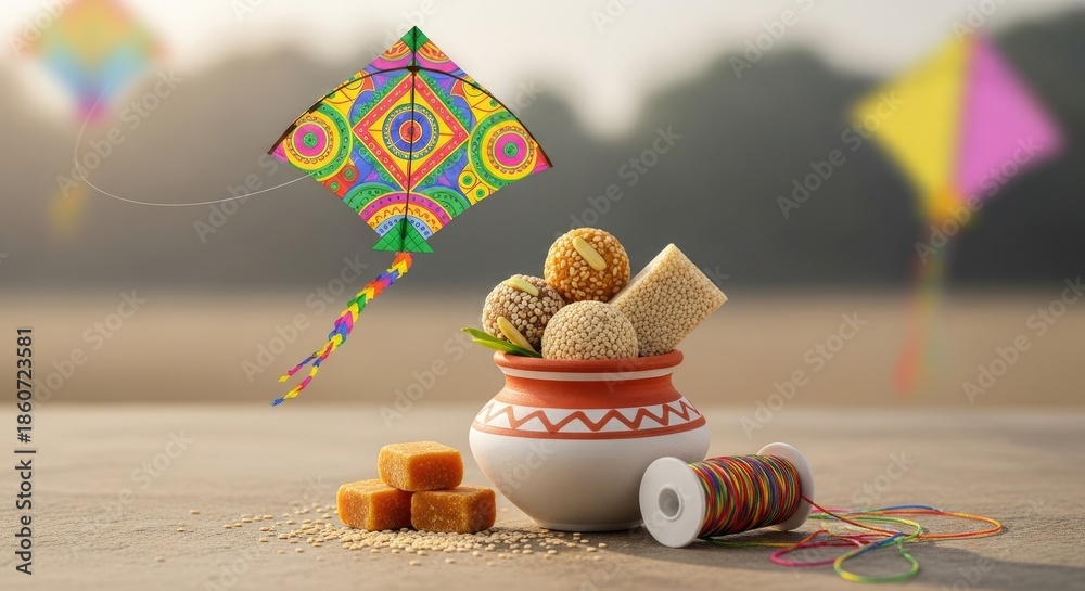 Fototapeta premium Colorful kites fly high, traditional sesame sweets fill an earthen pot, golden jaggery pieces, and a vibrant thread spool mark an Indian harvest festival.