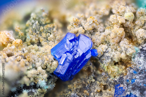 Azurite crystals. Specimen from Valcroze, Le Vigan, France. Micro photography extreme close-up. microscope mineral crystal photography for Scientific use.