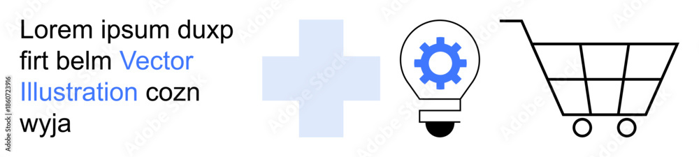 Obraz premium Technology, ecommerce, innovation, productivity, idea development, online shopping. Lightbulb with gear, plus sign shopping cart. Ecommerce and innovation concepts