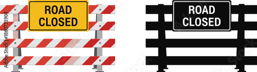 Yellow and black road closed barricade with red white striped barriers traffic control