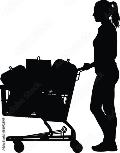 Woman pushing shopping cart filled with bags silhouette black