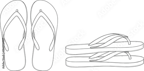 Black and white line of flip flops sandals footwear beach shoes line black and white