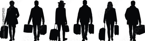 Six black silhouettes of people walking with luggage travel