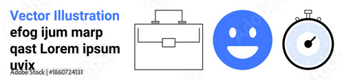 Business, productivity, time management, corporate goals, motivation, efficiency. Line art briefcase, blue happy icon and stopwatch in minimal design. Business and productivity concept