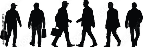 Six black silhouettes of men walking with briefcases and bags