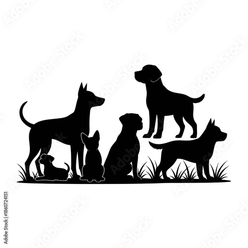 Silhouette of a Group of Dogs in Various Poses.