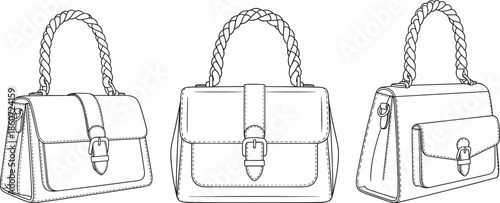 Black and white line of three women's handbags with braided straps purse women's accessories