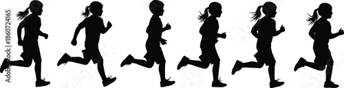 Six black silhouettes of children running in profile on a white background kids