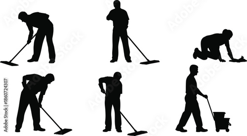 Silhouettes of people mopping and cleaning floors in various poses person