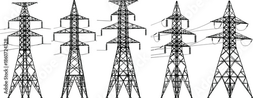Black and white of five electrical towers with power lines transmission towers pylons