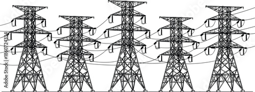 Black and white of five electrical towers with wires power lines transmission towers