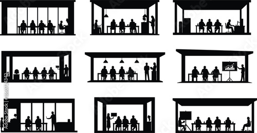 Silhouettes of people in various meeting and presentation scenes office business