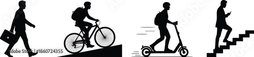 Silhouettes of people commuting by foot bicycle scooter and stairs