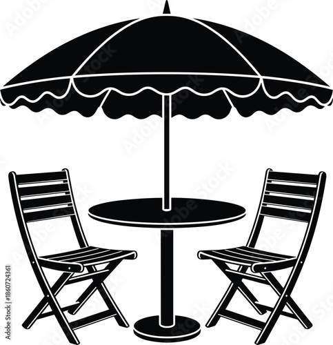 Black and white of patio furniture with umbrella and two chairs outdoor furniture