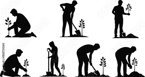 Silhouettes of people planting trees and saplings in soil seedling growth