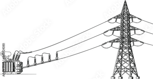 Black and white of power transmission tower and electrical equipment black and white industrial