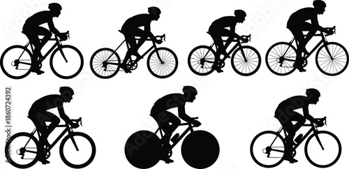 Silhouettes of cyclists in different positions on bicycles bike cycling