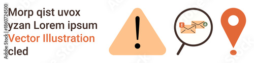 Security alerts, email communication, navigation, data analysis, error messages, map location. Warning triangle, magnifying glass with emails and map pin icon. Security alerts and email