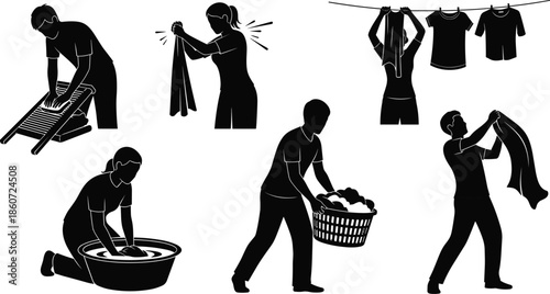 People doing laundry activities in black silhouettes on white background