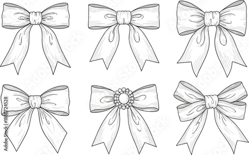Black and white of six different ribbon bows ribbons gift decoration ornamental