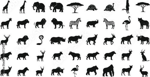 african, animal, silhouette, icon, set, wildlife, safari, collection, black, animals, zoo, nature, mammal, bird, vector, illustration, isolated, design, symbols, pack