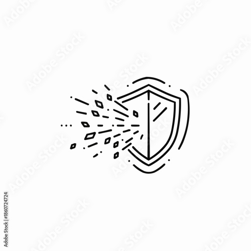 Shield icon with dynamic lines and particles on white background