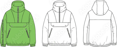 Green and white anorak jacket flat front and back views outerwear clothing fashion